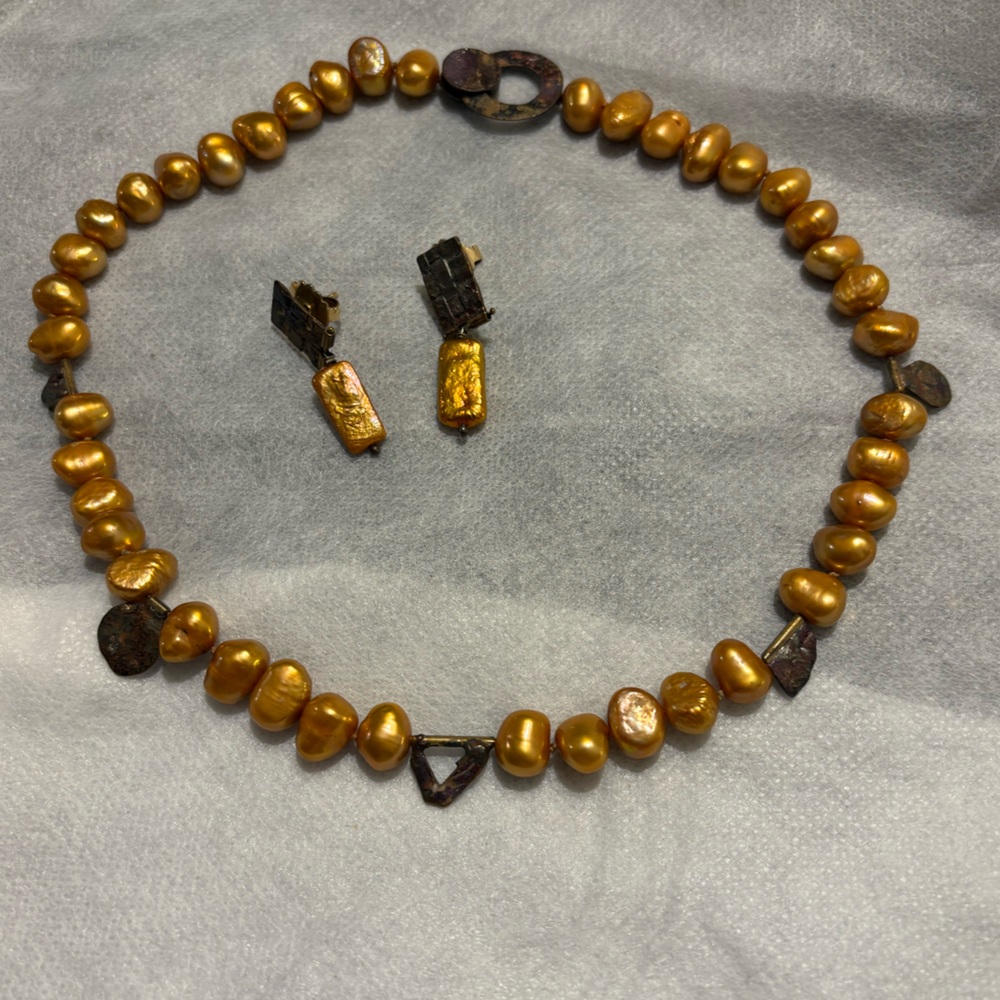 Amber Colored Baroque Pearl Necklace & Earring Set